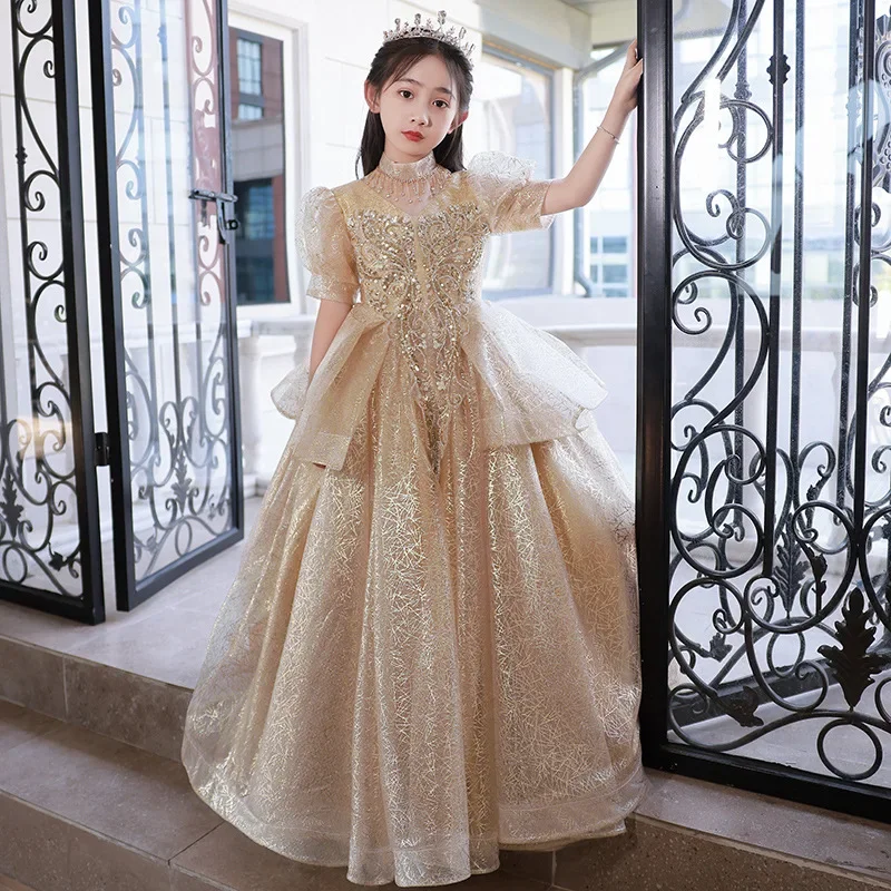 

Luxury Shinny Beading Design Flower Girl Dresses for Weddings O-neck Stand Collar Girls Birthday Dress 2024 Tiered Princess Robe