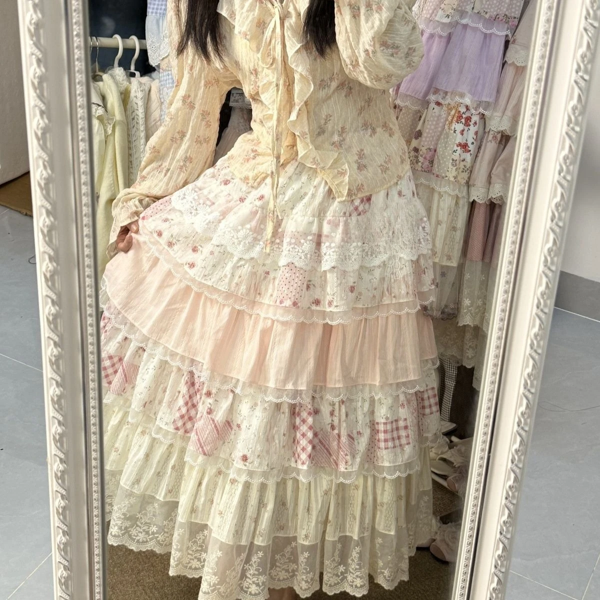Princess Style Fluffy Cake Skirt Women Japanese Y2K Lolita Lace Ruffle High Waist Midi Skirt Holiday Party Fashion