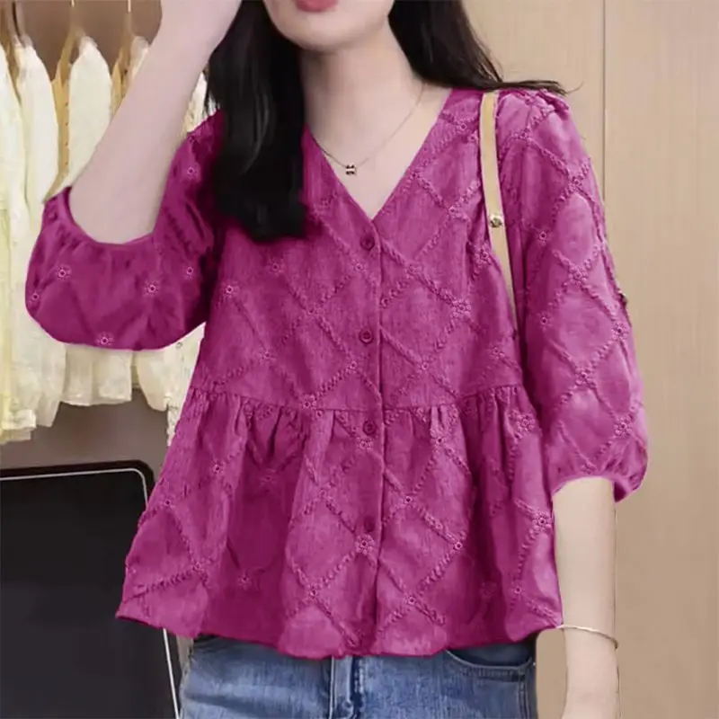 

2024 Spring and Autumn Commuting Minimalist Fashion Loose Three Quarter Blouses Solid V-neck Shirring Button Women's Shirt Top