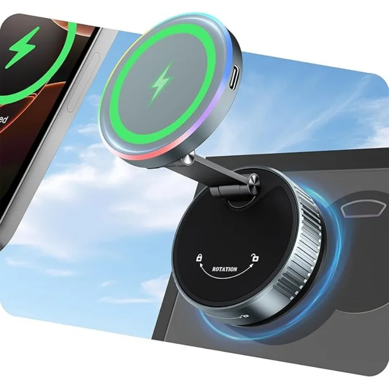 

Car Fast Charging Station 360° Rotating Vacuum Magnetic Phone Holder with RGB Light for Dash Windshield Screen for iPhone