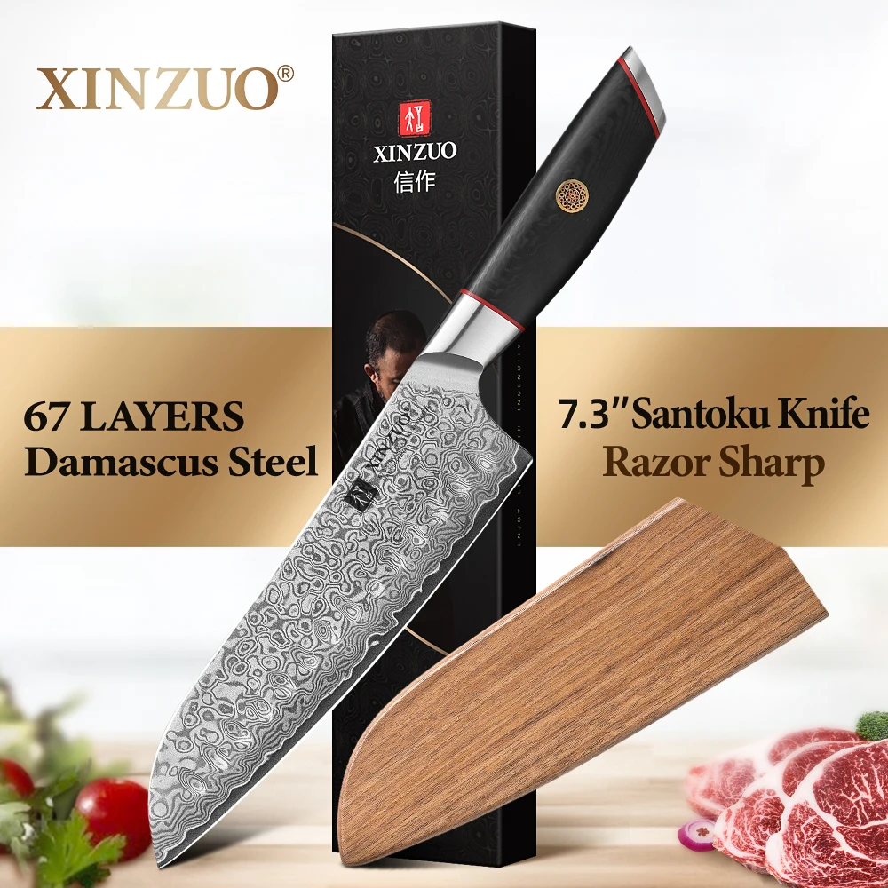 XINZUO 7.3'' Japanese Santoku Knife Damascus Steel Kitchen Knife Multipurpose Chopping Slicing for Vegetable Meat Gift Box Pack