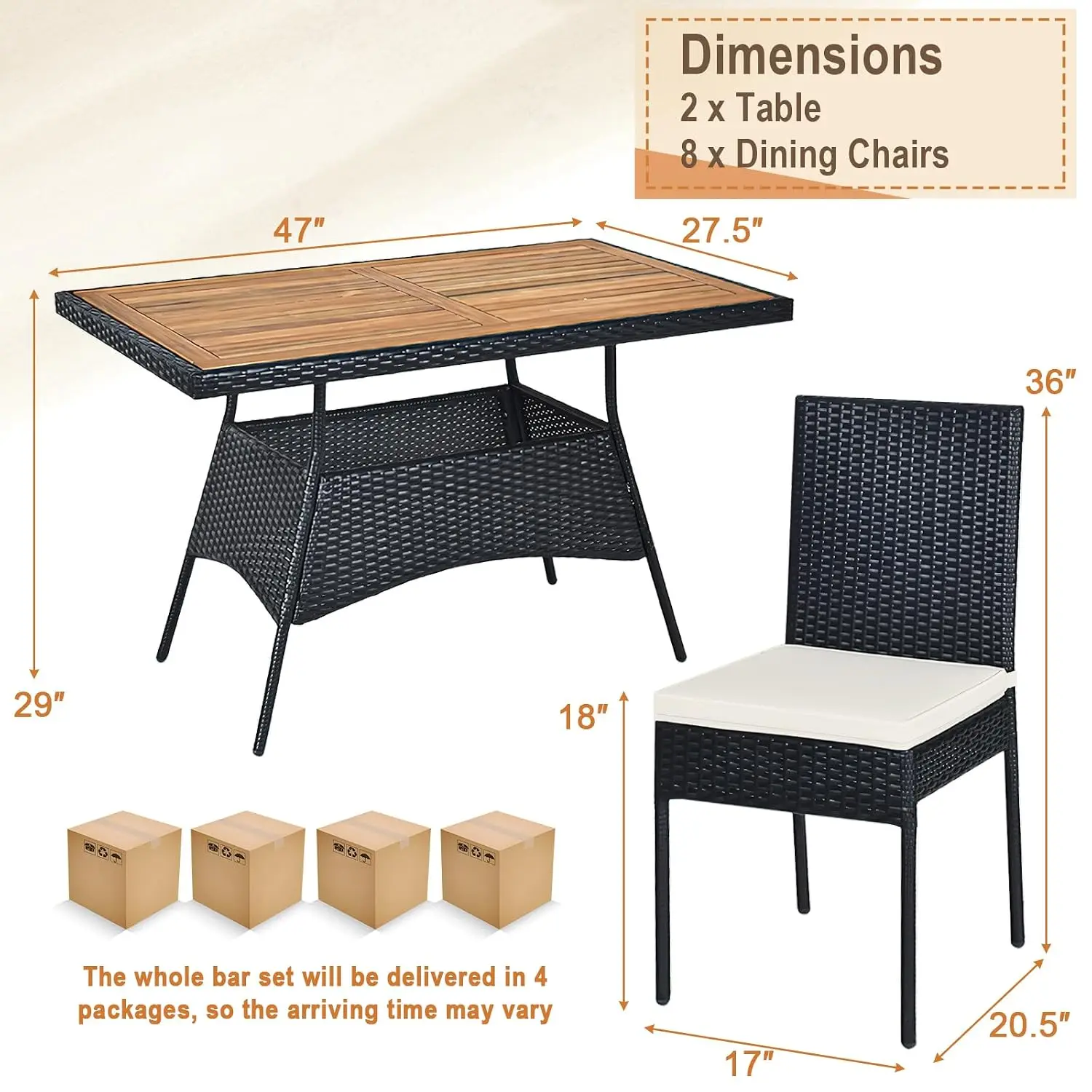 10pc Wicker Patio Dining Set Outdoor Rattan Table Chairs Padded Cushions Acacia Wood Balcony Garden Poolside, Customized