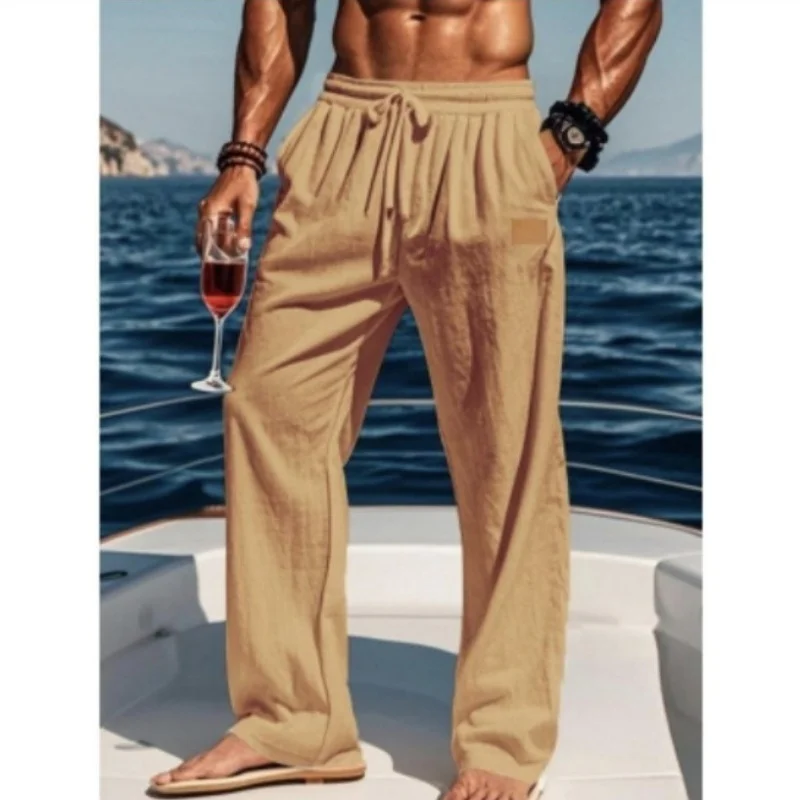 

2024 Men Cotton Linen Pants Summer and Autumn Solid High Waist Wide-Leg Trousers Male Loose Hemp Casual Breathable Sports Pants