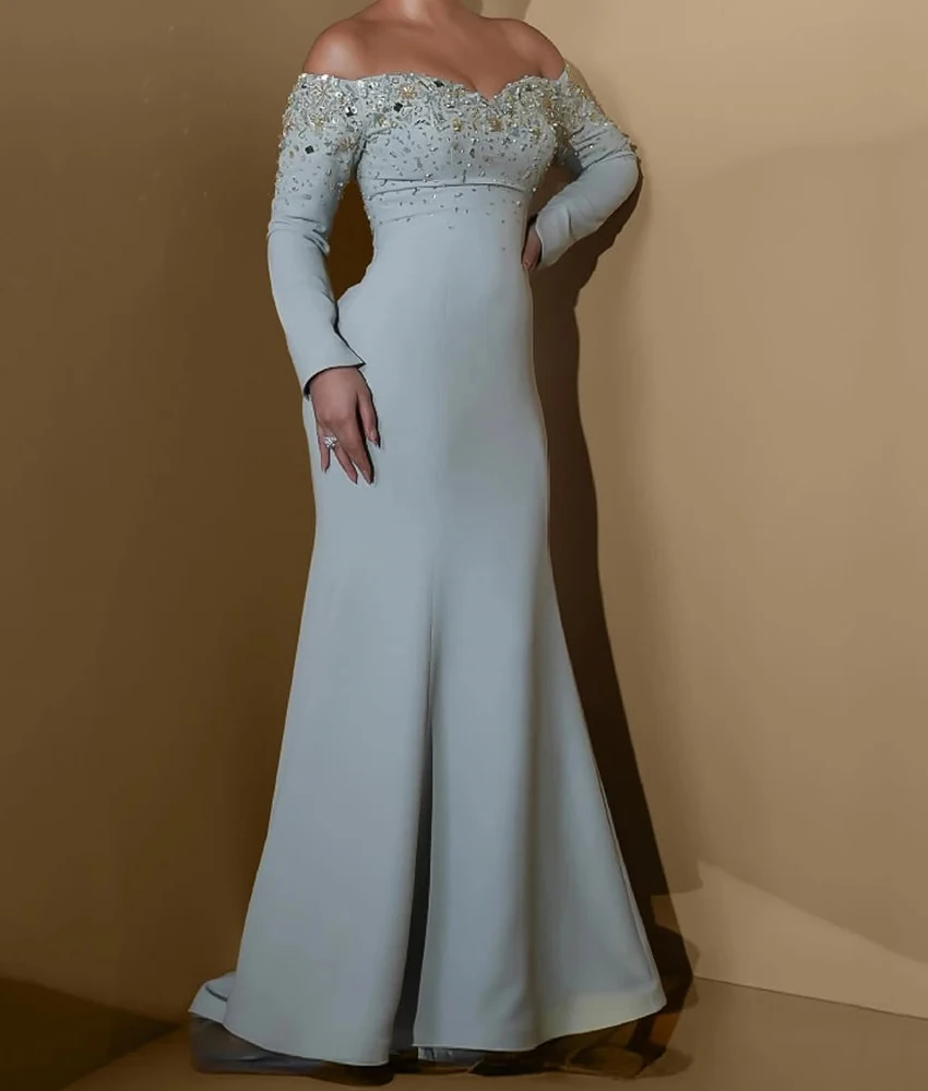 

MCDV Изысканное джерси-русалка по индивидуальному заказу с открытыми плечами, расшитое блестками и кристаллами, бисером, вечернее платье, нежные платья для выпускного вечера с вырезом лодочкой