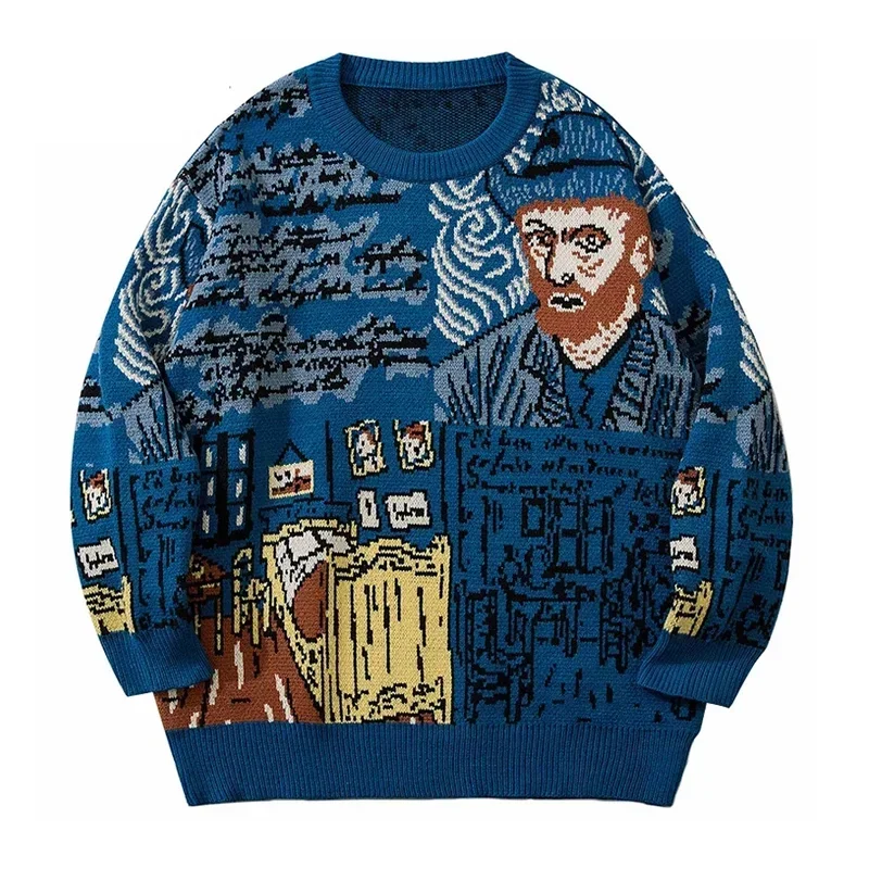 

Autumn Men High Street Knitted Sweater Van Gogh Graffiti Print Sweaters Cotton Harajuku Loose Padded Pullover Women Streetwear