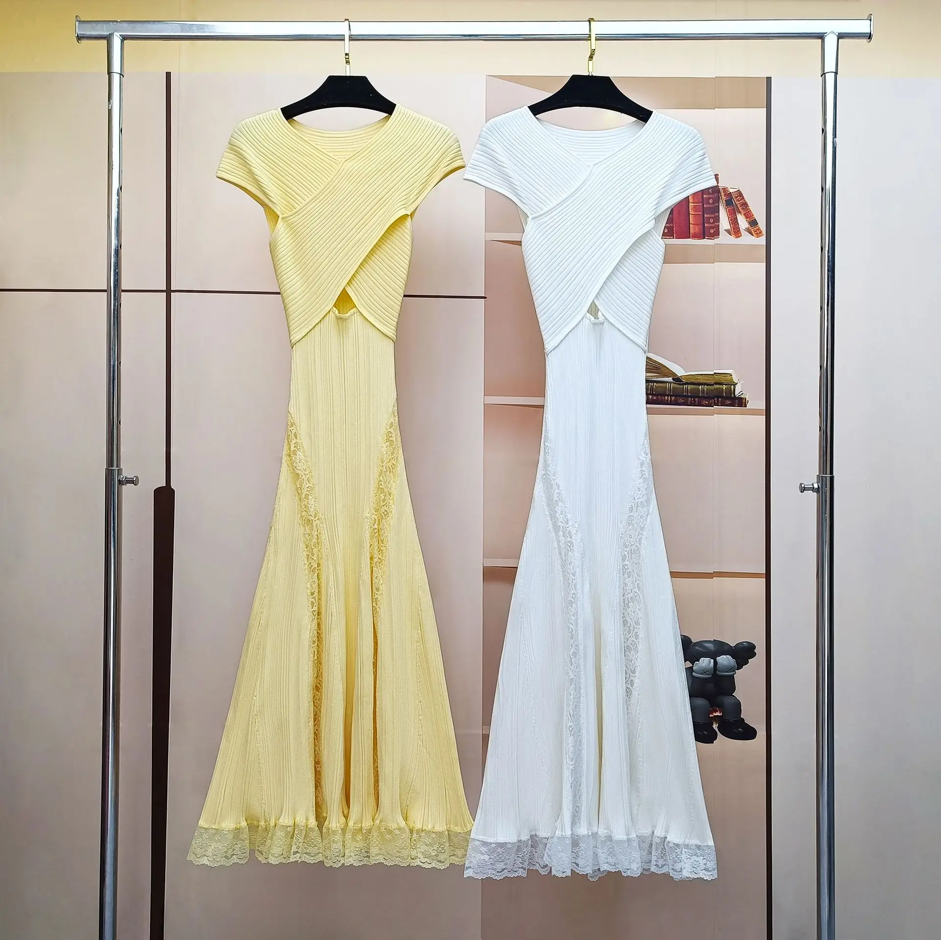 Moda verão rendas retalhos vestidos de tricô para mulheres blusas longas elegante recorte cruz sexy vestido de festa de baile feminino robe