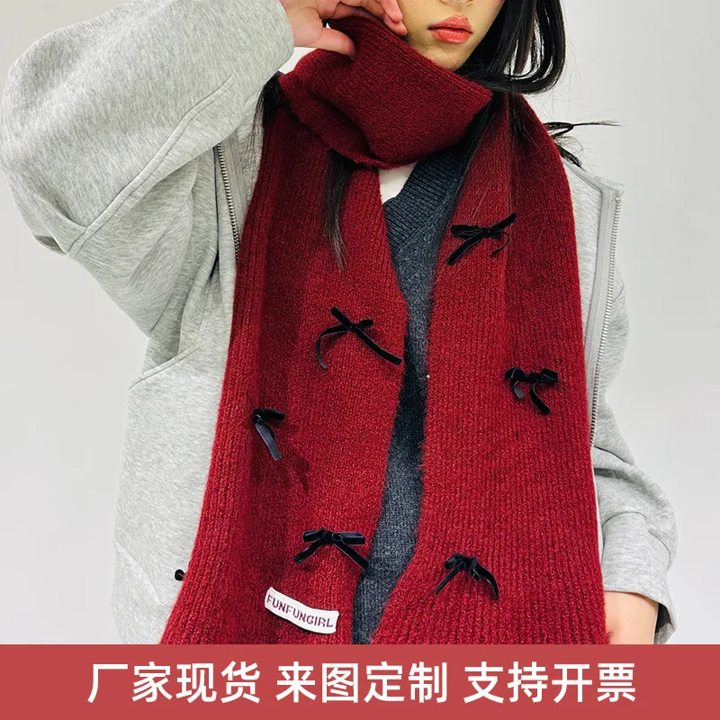 New Autumn and Winter Warm and Versatile Set with Thick Velvet Knit Two-piece Set High-end Bow, Shawl Gloves Scarf Set Wh6