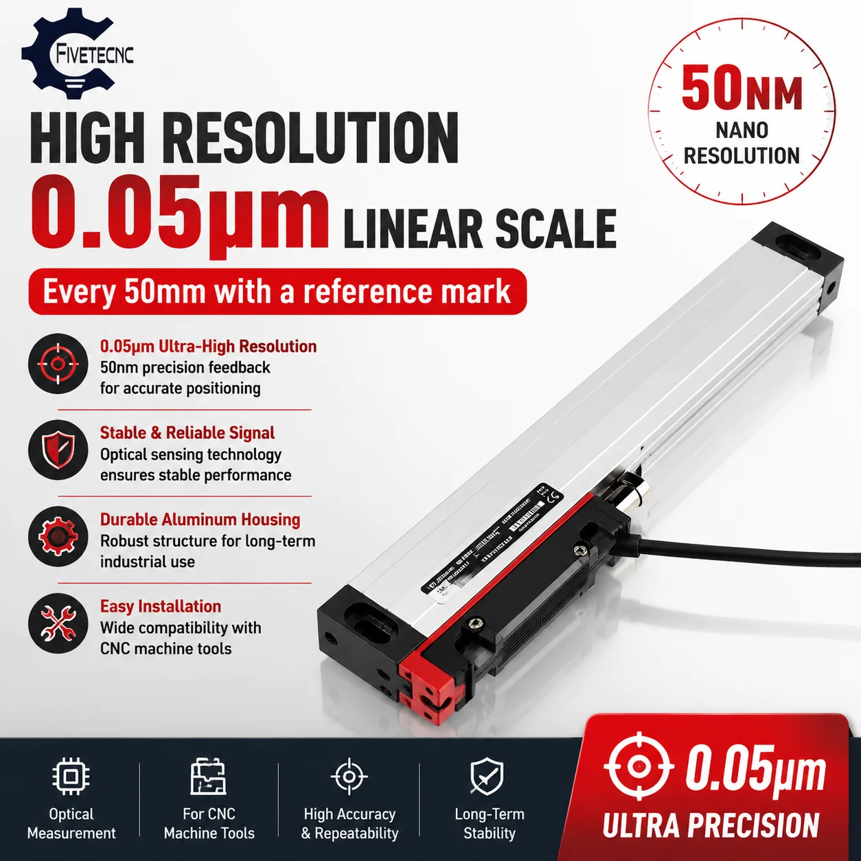 Ultra Precision 0.05μm Linear Encoder Scale 50nm Resolution for CNC Machine Tools High Accuracy Position Feedback System