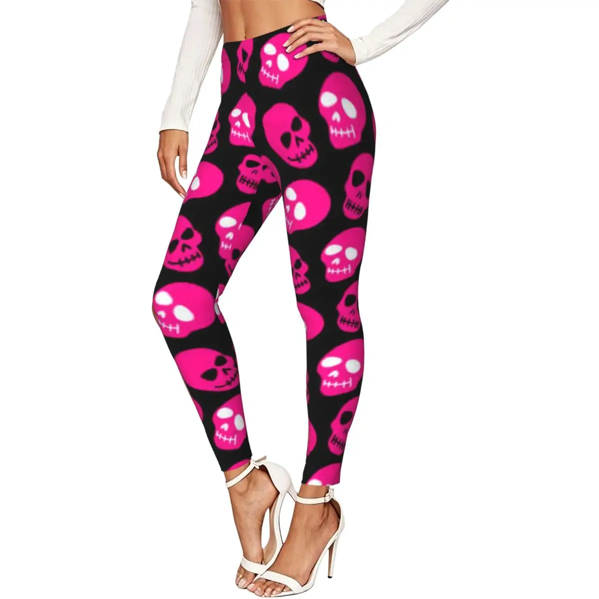 Casual Ladies Slim Leggings Skull Pink Day Of The Dead Elastic High Waist Sports Daily Wear Trousers