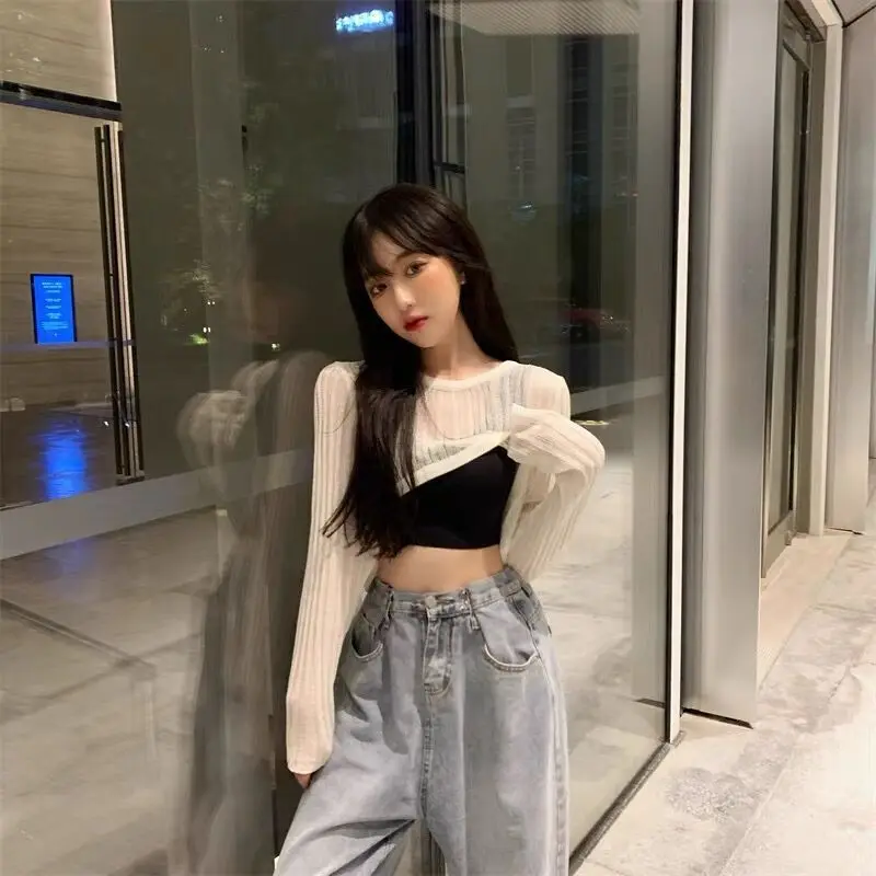 

Women's Korean Chic Crop Knit Top Lightweight Long Sleeve Lace Pullover Shirt Stylish Fall Arrival Fashion Sun Shirt Shrugs