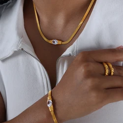 Waterproof And Non-fading Stainless Steel Jewelry Set Geometric Retro Inlaid Multi-color Glass Stone Necklace Bracelet Set Girls