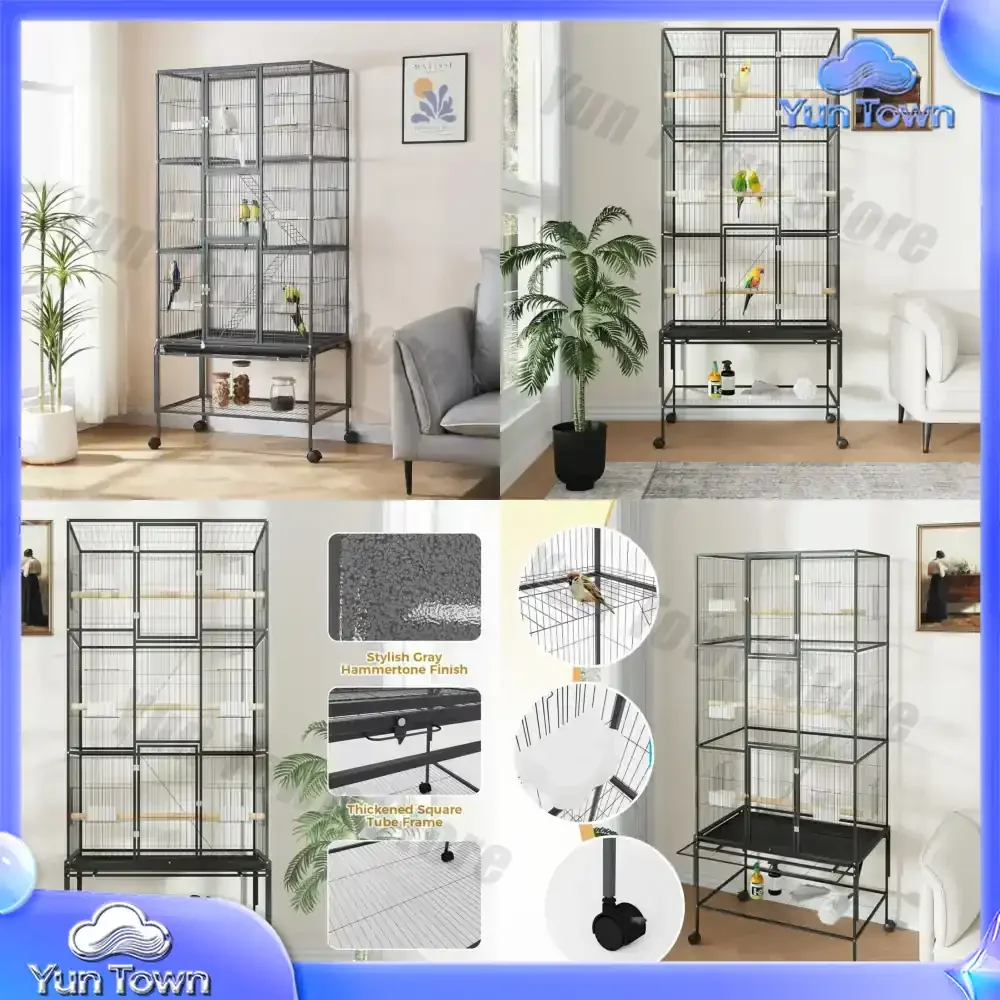 69-Inch Extra Large Rolling Bird Cage for Parrots and Cockatiels Flight Cage with Storage Shelf,Feed Bowls & Wood Perches