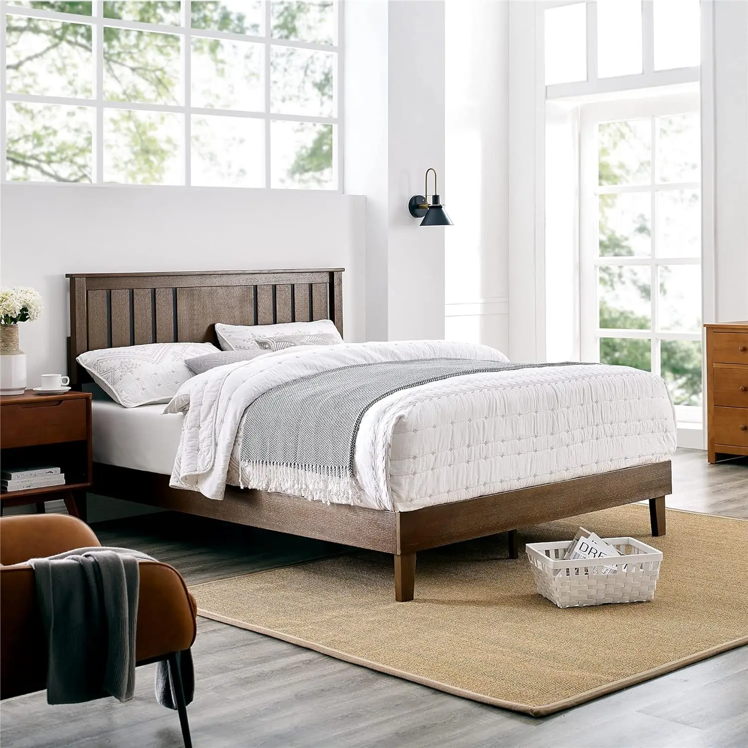 MUSEHOMEINC Mid-Century Modern Solid Wooden Platform Bed with Adjustable Height Headboard for Bedroom,Wood Slat Support (Full)