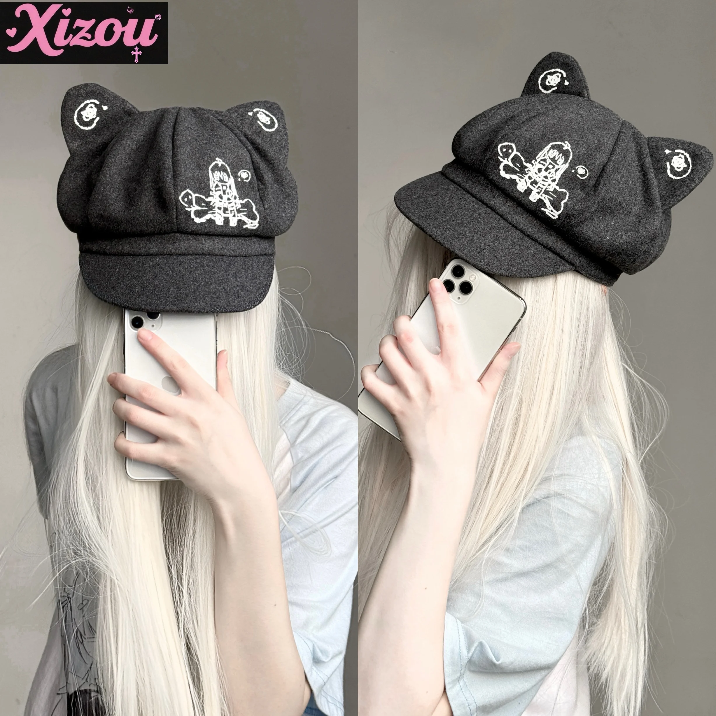 

Japanese Original Small Bones House Broken Cat Ear Accessories Detachable Subculture House Hats Cute Casual Hat Beret for Women