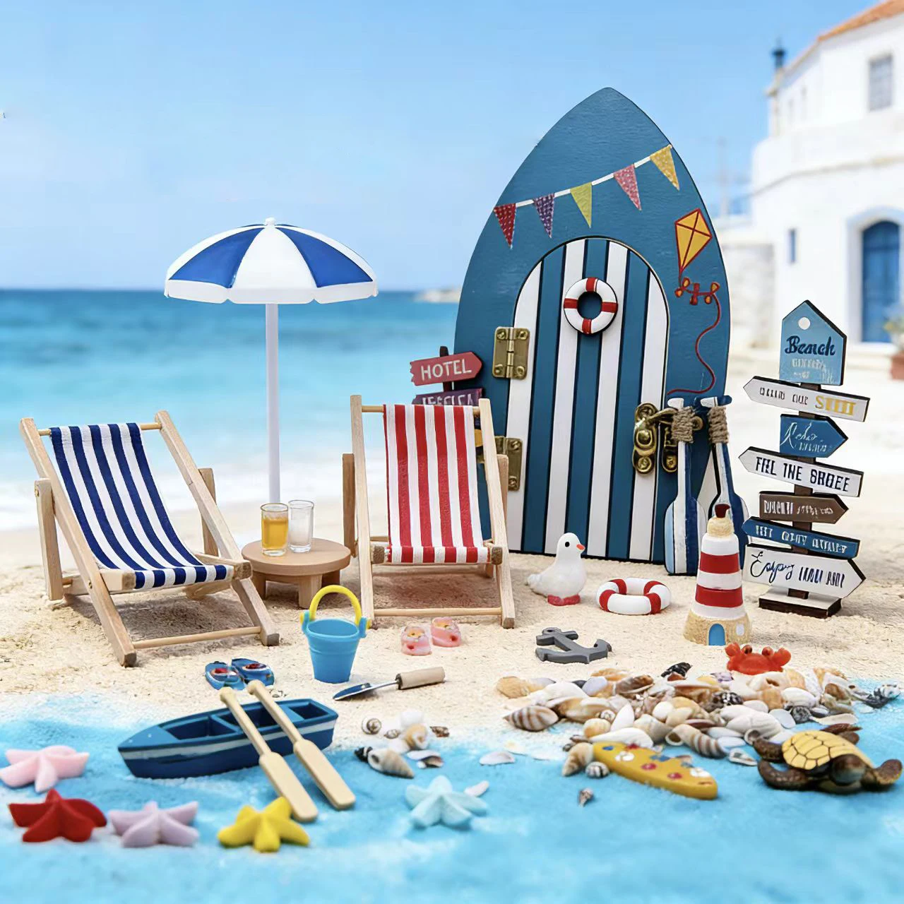 1:12 Dollhouse Miniature Beach Accessories Set Seaside Scene Kit with Chair Umbrella Boat Starfish for Fairy Garden Decoration