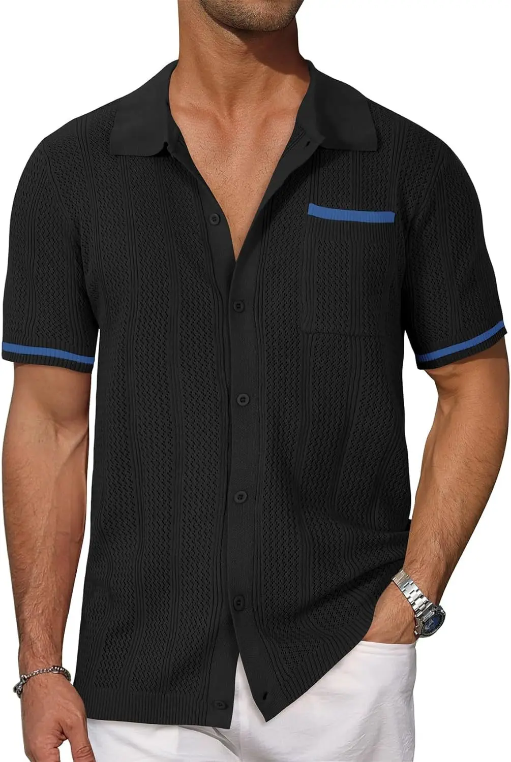 European and American men's summer new short-sleeved shirt pocket hollow breathable summer men's casual tops cardigan