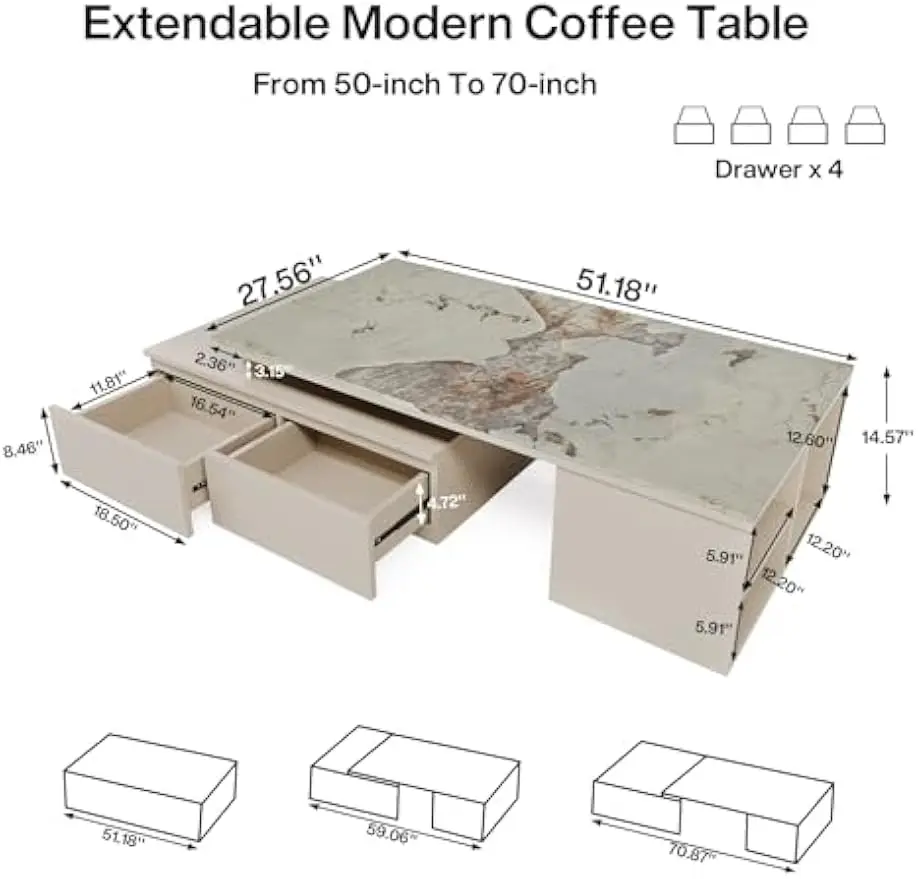 Extendable Tabletop Coffee Table with 4 Drawers & Storage Shelf, Modern from 51-Inch to 71-Inch Center Table for Living Room