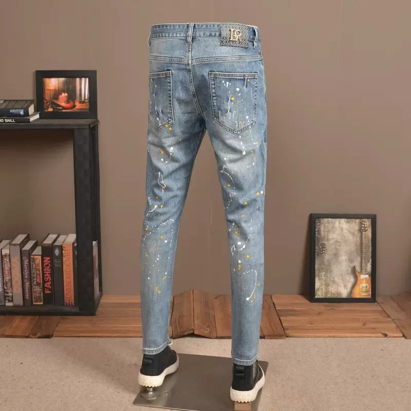 High Street Fashion Men Jeans Retro Blue Elastic Stretch Skinny Fit Ripped Jeans Men Painted Designer Hip Hop Denim Pants Hombre
