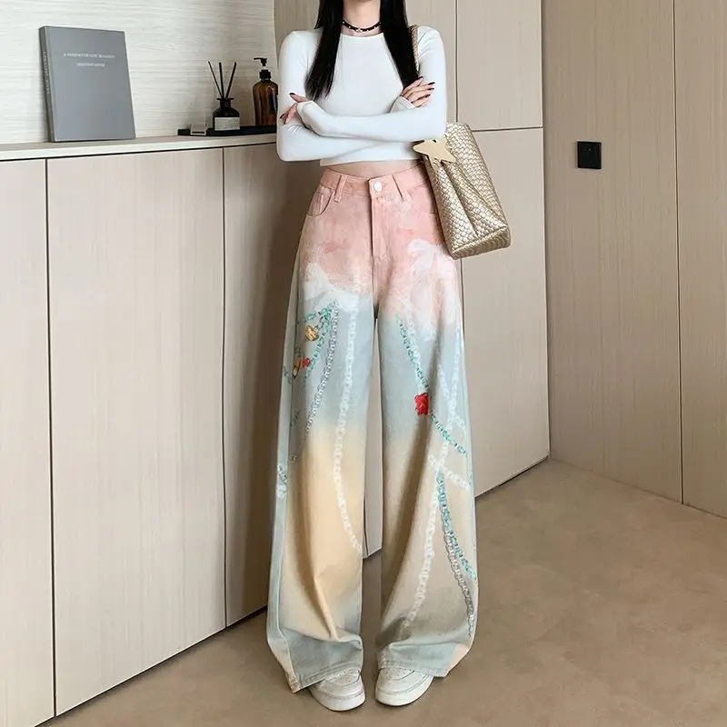 2025 Autumn New Women's Personality Digital Print Washed Casual Design Jeans High Waist Loose Slimming Versatile Wide Leg Pants