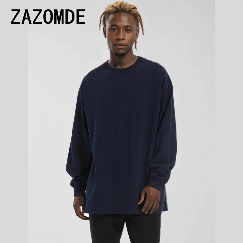 ZAZOMDE Solid Color Cotton Long Sleeve T-shirts Man O Neck T-shirts Oversize Long Sleeves Tops Tees High Quality Unisex Clothing