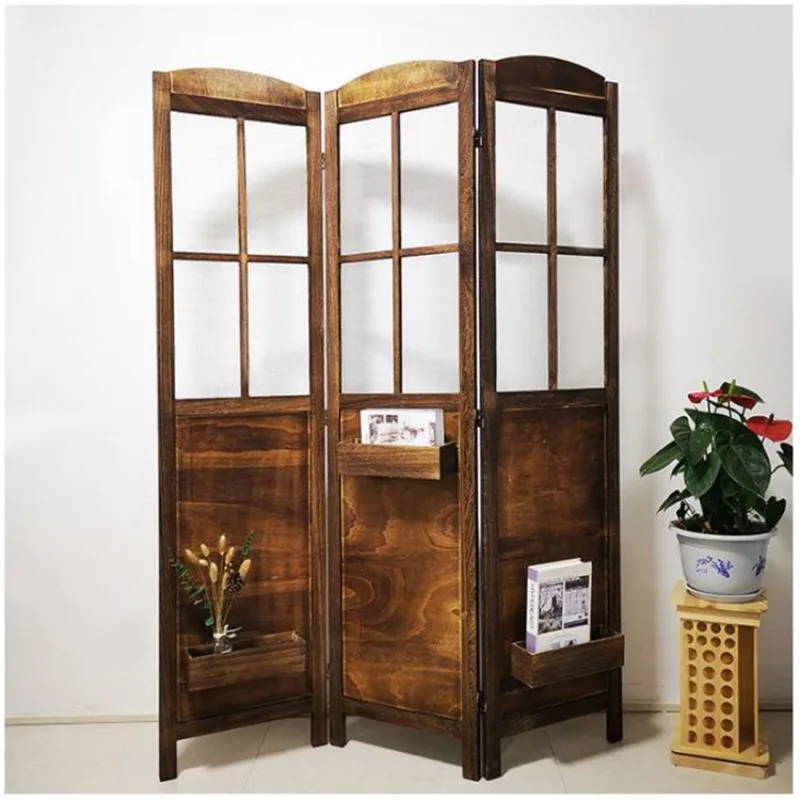 Retro old solid wood screen partition, American rural mobile folding screen clothing store wedding decoration folding