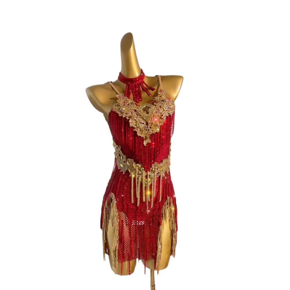 ชุดเต้นลาติน AB Stone สำหรับผู้หญิงและเด็ก รุ่นหรูหราสั่งตัดได้ แต่งเพชรแดงลายตาราง สำหรับการแสดงซัมบ้า