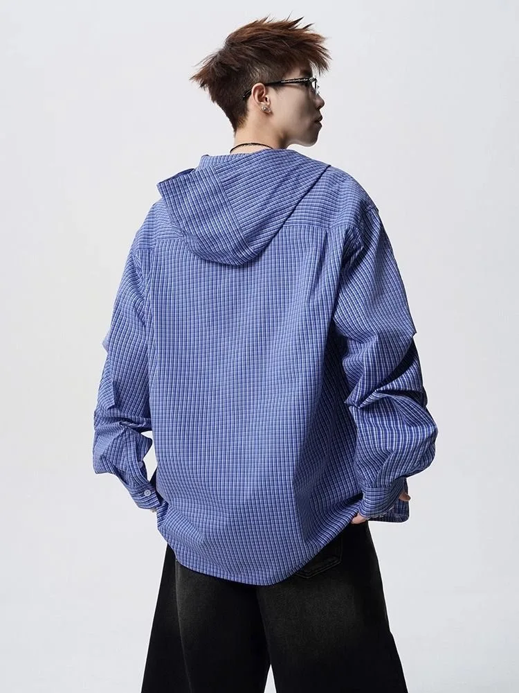 Male Plaid Blue Hooded Shirts Tops Men Trendy Senior Hip Hop Casual Daily Streetwear Handsome Fashion Long Sleeve Vintage Blouse