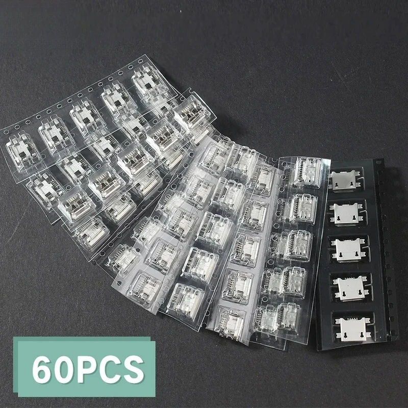 60PCS 5 Pin Socket Connector Micro USB Socket Connectors Assortment Set 12 Models SMD DIP