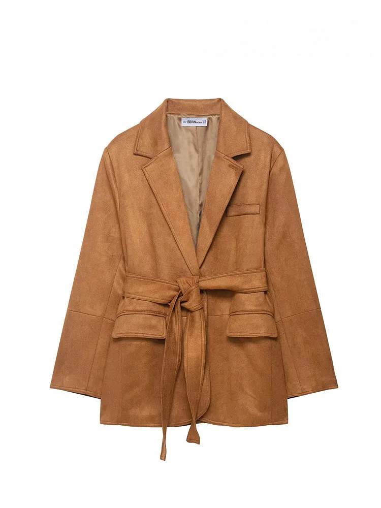 HH Female Autumn Casual Coats Solid Turn-Down Collar Lace-Up Decoration Pockets Button Women's Fashion Long Sleeves Jacket