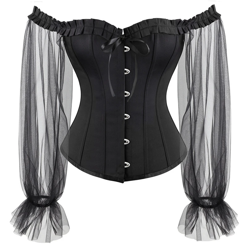 

Sexy Black Ruffled Lace Long Sleeves Waist Corset Women Body Shaper Gothic Slimming Waist Trainer Chest Push Up Bustier Top