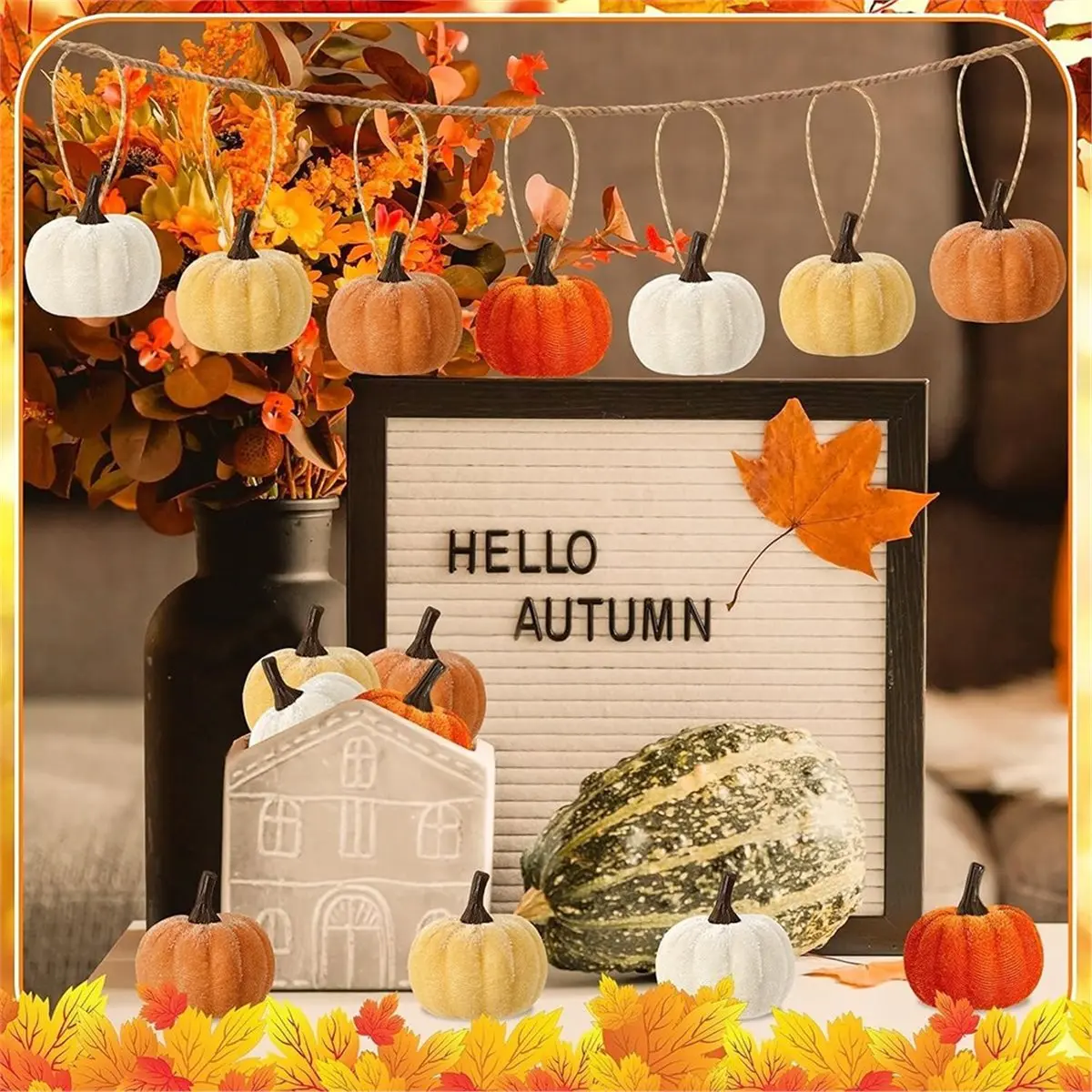 24 Pcs Fall Tree Ornaments - Mini Velvet Pumpkin Hanging Ornaments for Autumn Home Party Hanging Decor