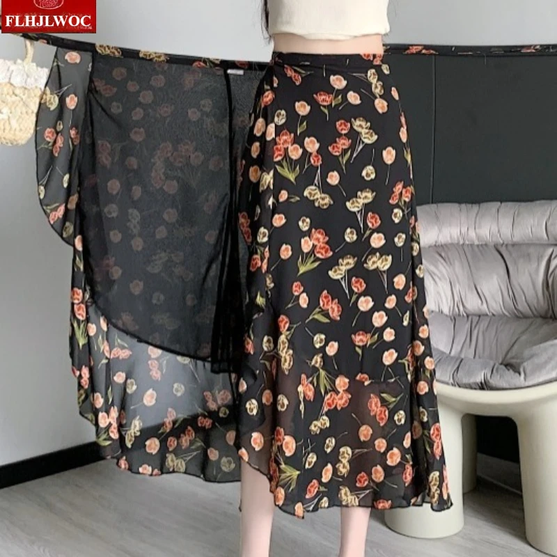 Hot Cute Y2K Wrap-Up One-Piece Skirts FLHJLWOC Women Holiday Bohemian Style Vacation Beach Bodycon Lace-Up Floral Chiffon Skirt
