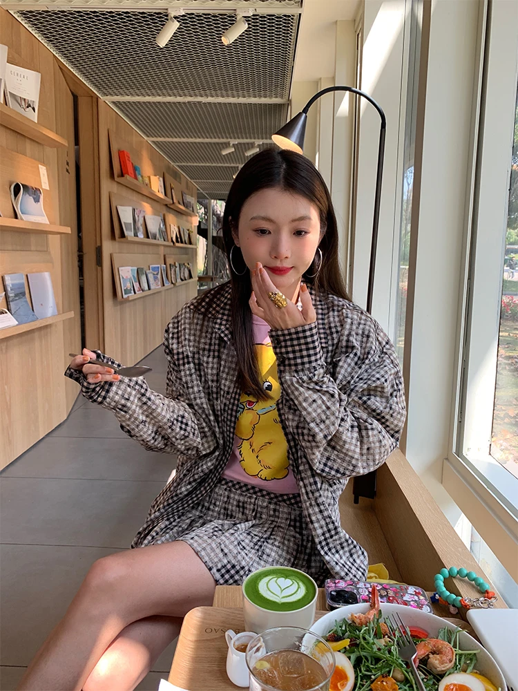 Spring Faion Plaid irt Skirt Set Women's Two-Piece Cotton Long Sve Turn-down Collar Gored Skirt Ensemble