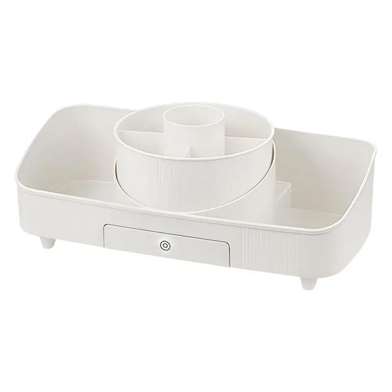 Cosmetic Display Case Rechargeable Makeup Organizer Mirror Attached Dressing Table And Bathroom Makeup Case With Rotating Barrel