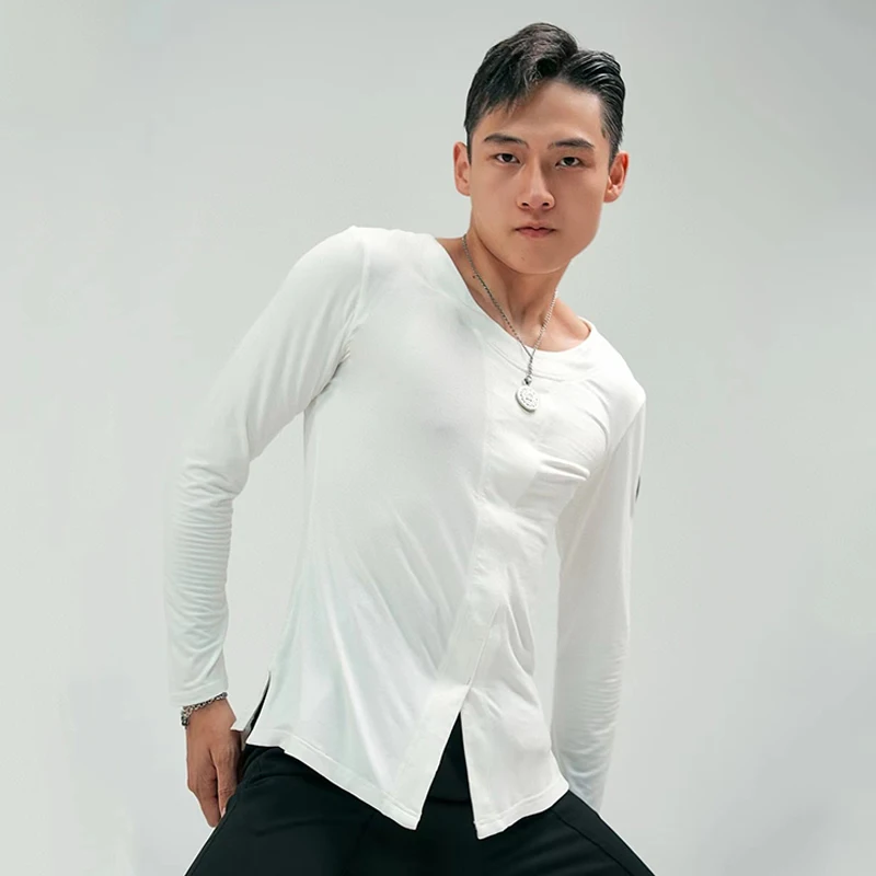 

2024 White Latin Dance Tops For Men Long Sleeves Practice Clothing Male Cha Cha Rumba Salsa Dance Clothes Training Tops DNV21677