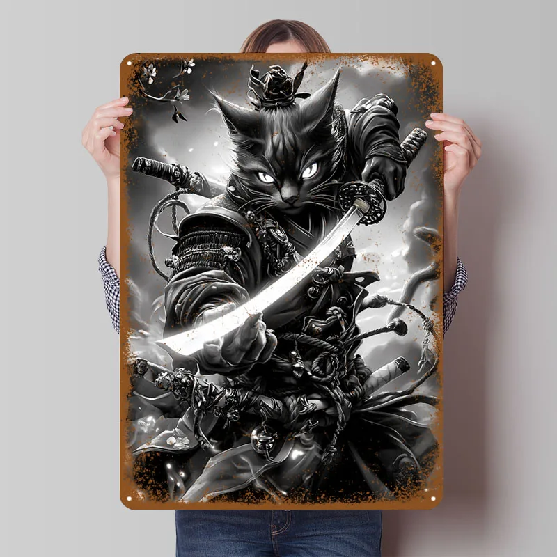 Samurai Devon Rex Cat With Katana Animal Sign Anime Poster Vintage Interior Decoration Living Room Wall Decor Bar Accessories