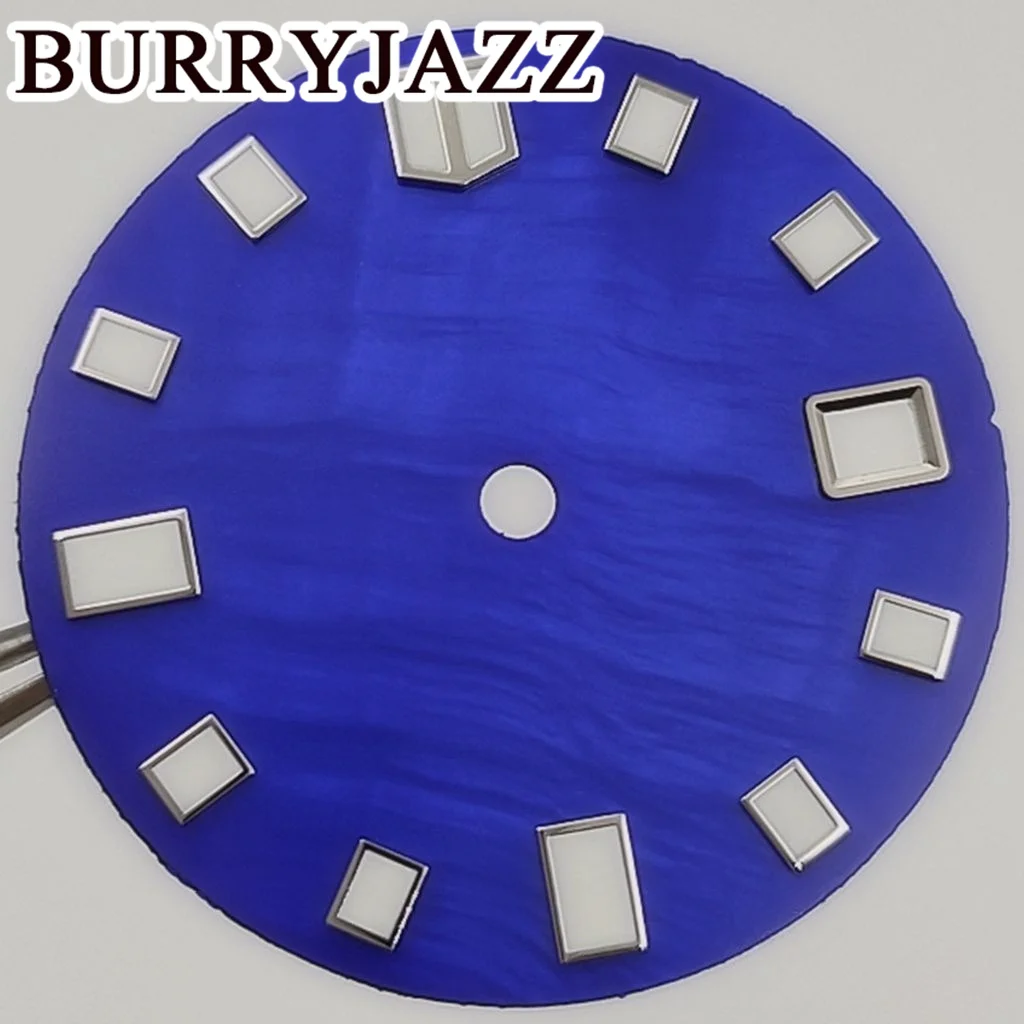 BURRYJAZZ 28.5mm No Logo NH35 Watch Dials Blue Dial Green Luminous Fit 3 O'clock 3.8 O'clock Case Crown