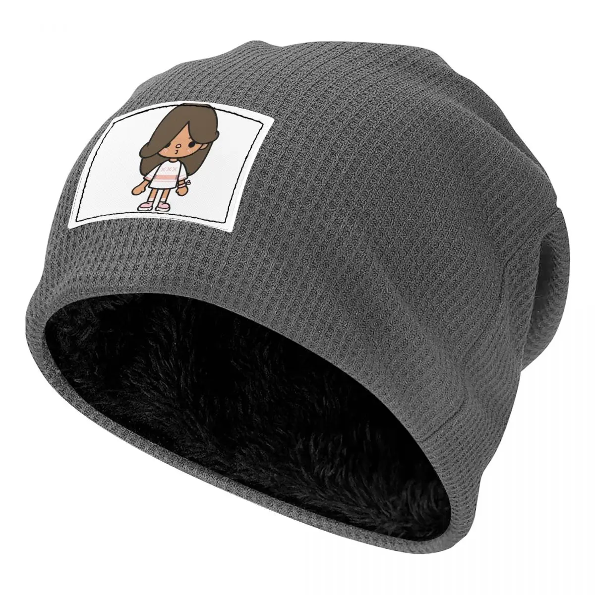 Toca Life Box - Toca Boca Cute Waffle Knit Fleece Lined Beanie with PU Leather Patch Unisex Warm Winter Soft Cap