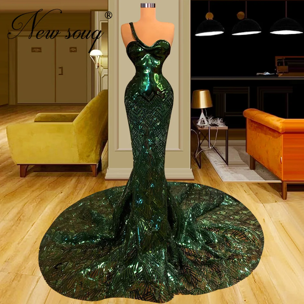 Sparkly Green Pailletten Avondjurken Aangepaste Arabische Dubai Lange Trein Mermaid Celebrity Prom Dress 2022 Luxe Party Jurken