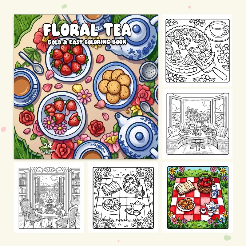 Cross-border new arrival: bestselling floral tea coloring book - thickened edition for kids' doodling and coloring fun!