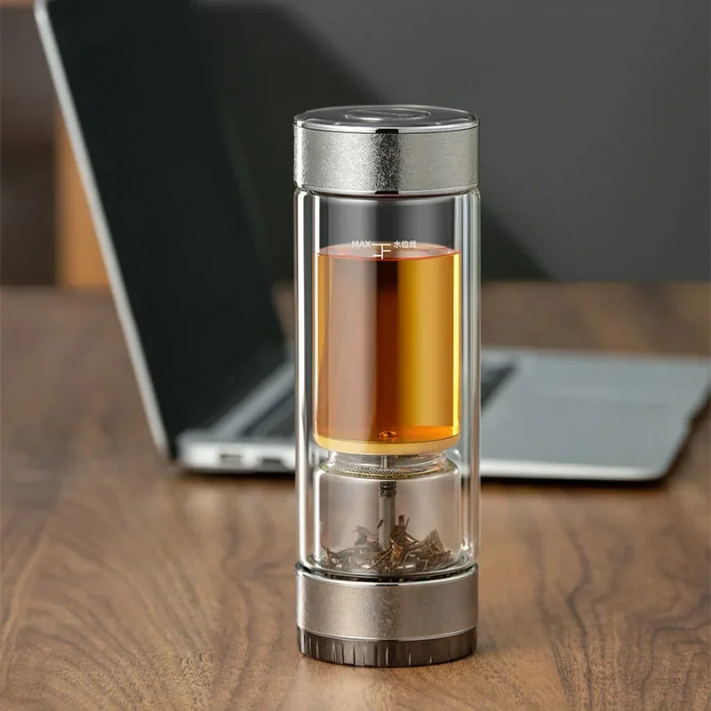 360ml Double-layer Thickened Glass Water Bottle/Business-grade Tea-infusing Cup with Pure Titanium Filter,High-end Drinking Ware