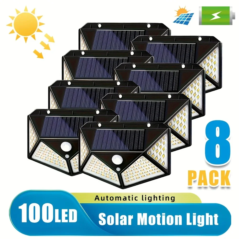 

8/4/2/1pcs Solar Light 100 LED Super Energy Saving Light with Motion Sensor Security Light 3 Modes Wall Light for Outdoor Garden