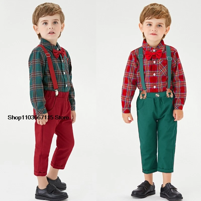 Children's Christmas Costume Boys' checkered long sleeved Cotton Formal Shirt+Suspender Pants 2PCS Suit Kids Christmas Outfits