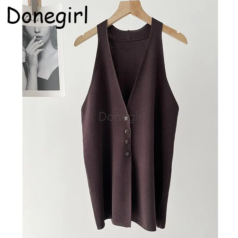 Donegirl 2024 New Spring Summer Women Fashion Sleeveless Deep V-neck Knitted Vest Solid Slim Temperament Tops Tank Female Chic