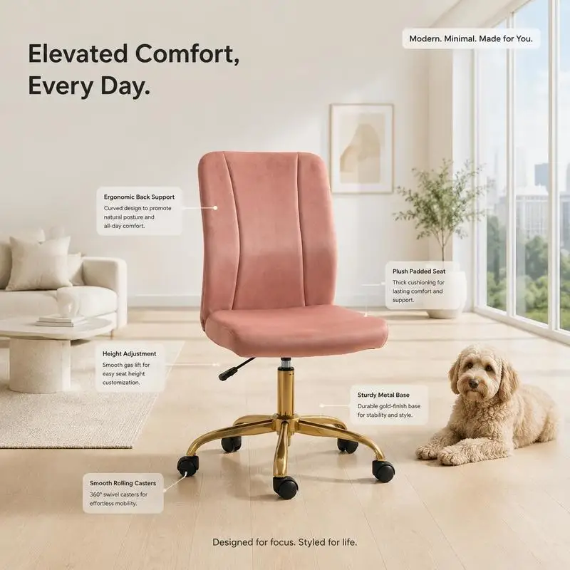 Chaise de bureau moderne, 360 °   Fauteuil pivotant, ergonomique, dossier incurvé, réglable en hauteur, revêtement en velours, 56 x 60 x 102 cm, rose et or