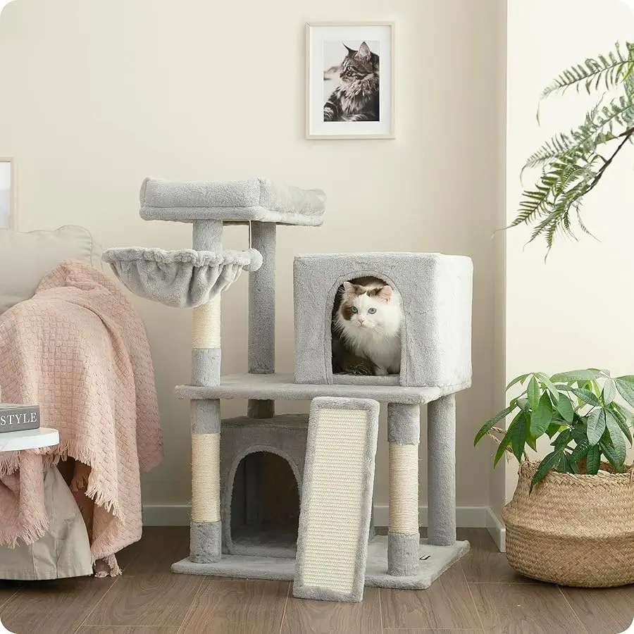 

Ouritsu Cat Tree, 35 inch Cat Tower for Large Cat Indoor, 1 Widened Top Perch, 2 Enlarged Condos, Fluffy Basket, Scratching Post