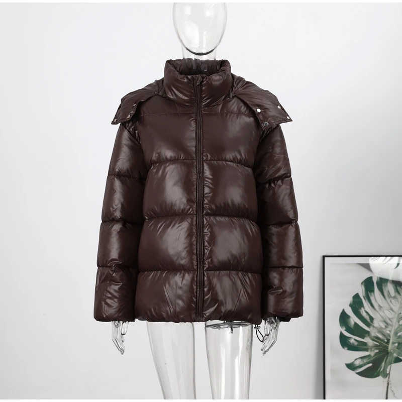 Glossy Cropped Hooded Puffer Coat Drawstring Hem Zip-Up 2026 Winter Women Warm Padded Jacket Warm Causal Lady Cotton‑Padded Coat