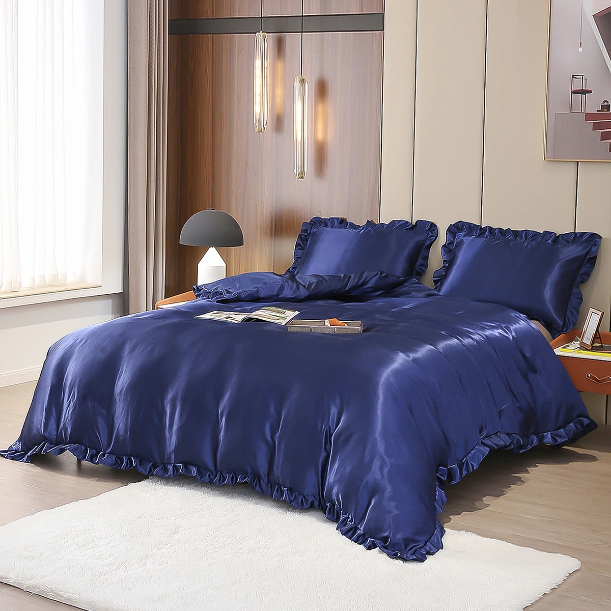 Dark Blue Satin Bedding Set Ruffled Duvet Cover Set Soft Gentle Reversible Quilt Cover Set Girls Adults Solid Bedding Set