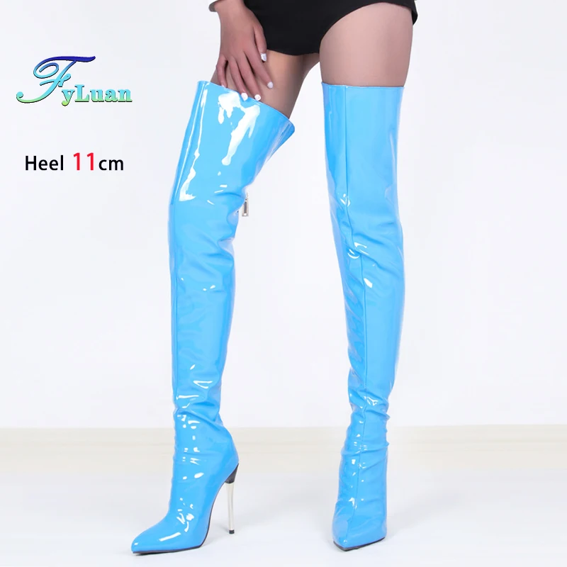 

Высокие сапоги до бедра женские 11 см металлические сапоги на шпильке с острым носком выше колена сапоги с молнией сзади лакированная кожа женская обувь большого размера