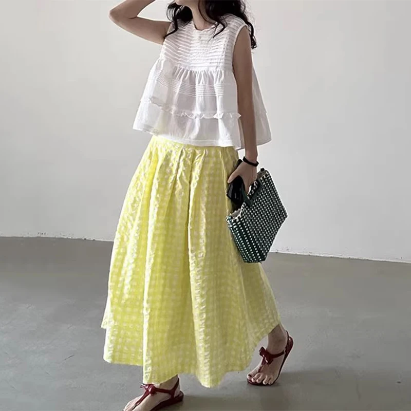 Liliang Heavy Emed Plaid Skirt And Vest Doll irt Women's Summer New Sle Retro Two-Piece Set Cotton Material